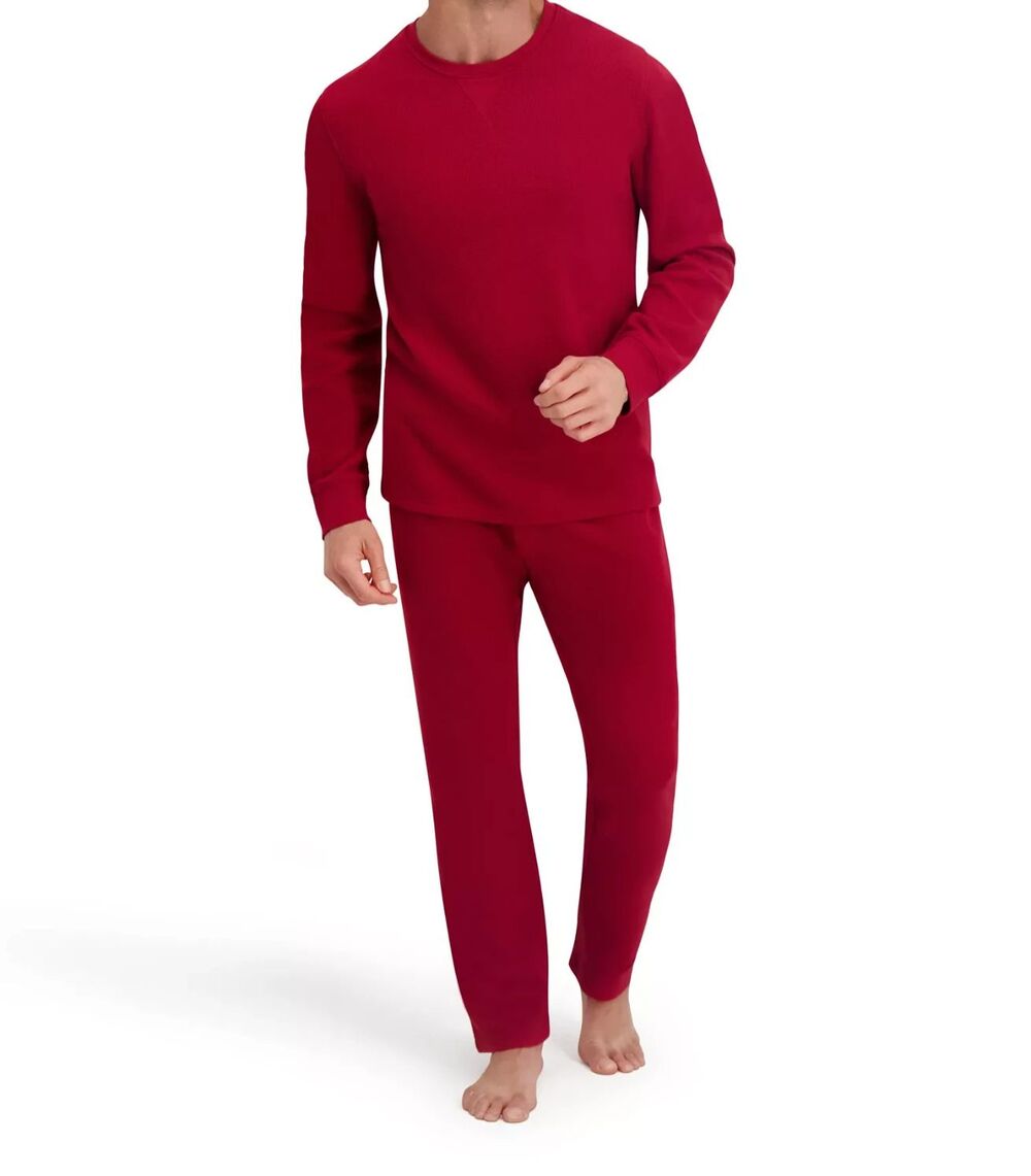 HANES Pajama Set Mens Large Red Waffle Knit 2-Piece PJs Sleepwear